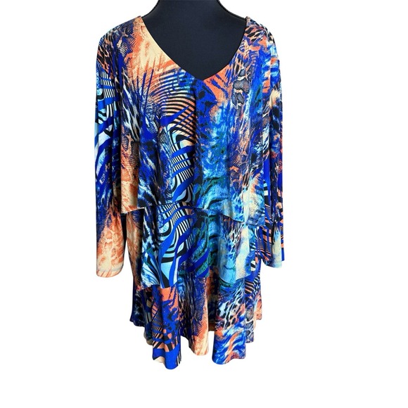 Susan Graver Top XL Abstract Print 3/4 Sleeve V-Neck Blouse Maximalist Tiered - Picture 1 of 7